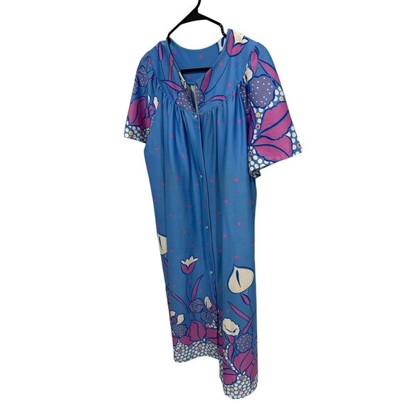 Vintage Granada Blue Floral House Dress Medium Short Sleeve Snap Front - Picture 3 of 11